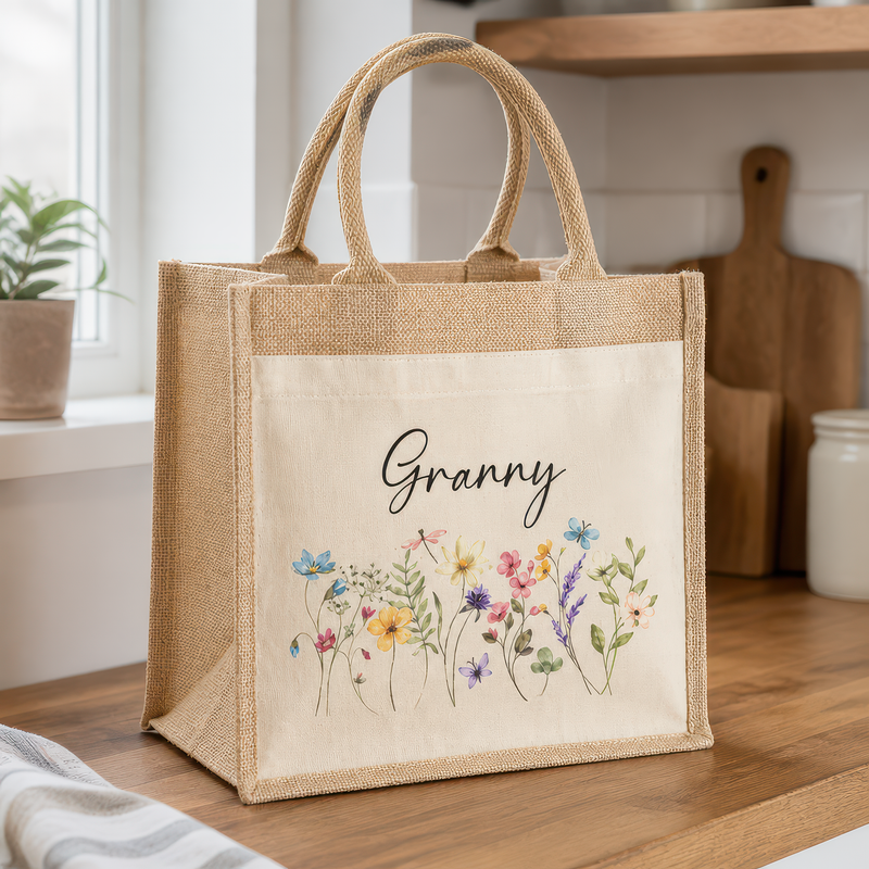 Personalised Granny Wild Flowers Jute Tote Bag with Name - alternative view