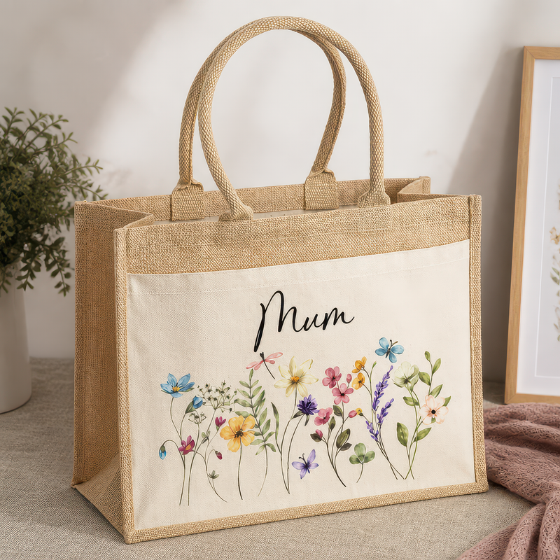 Personalised Mum Wild Flowers Jute Tote Bag with Name - alternative view