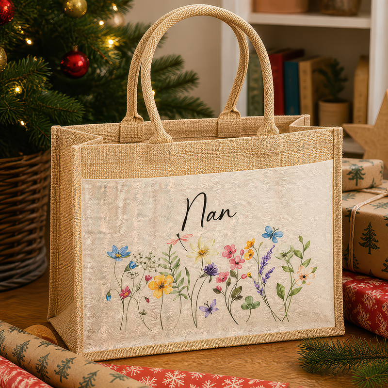 Personalised Nan Wild Flowers Jute Tote Bag with Name - alternative view