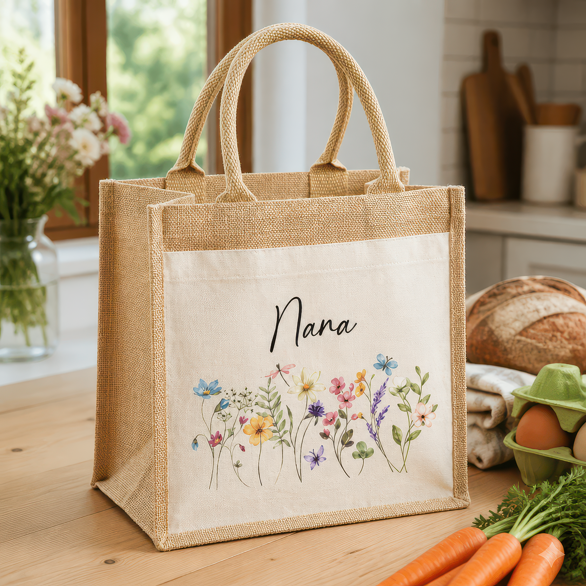 Personalised Nana Wild Flowers Jute Tote Bag with Name - alternative view