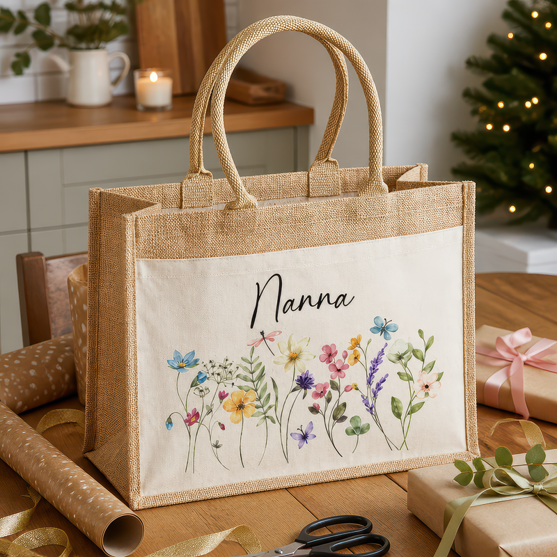 Personalised Nanna Wild Flowers Jute Tote Bag with Name - alternative view