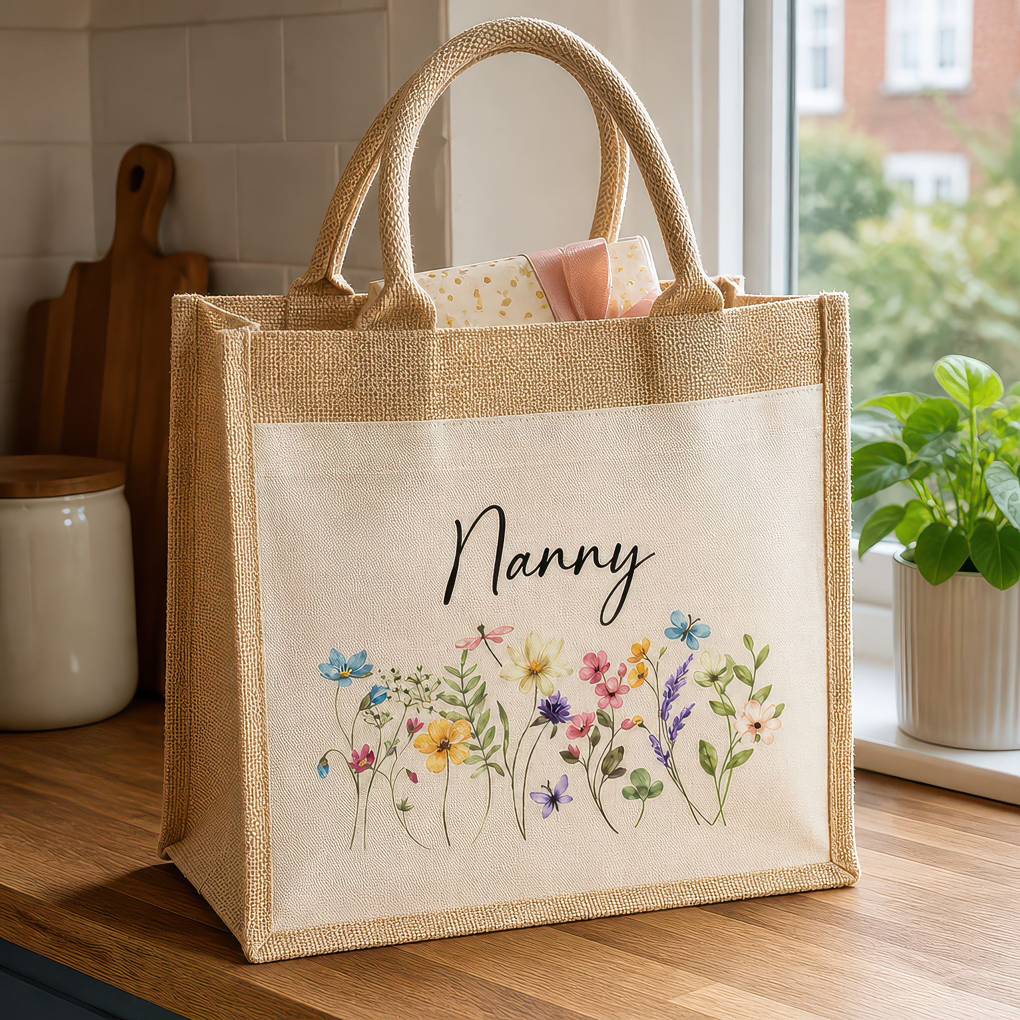 Personalised Nanny Wild Flowers Jute Tote Bag with Name - alternative view