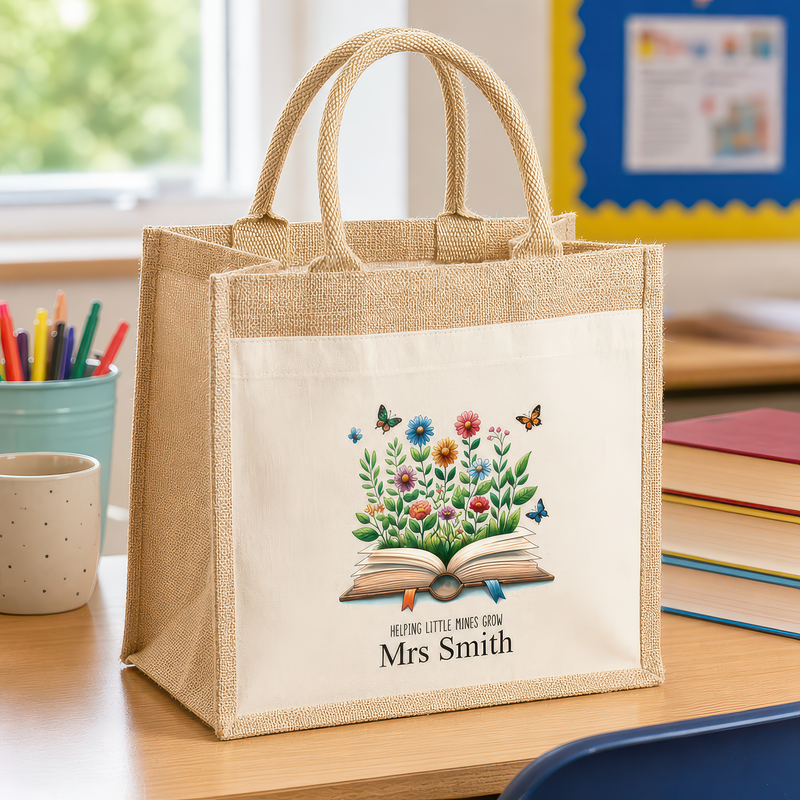 Personalised Floral Book Jute Tote Bag with Name - alternative view
