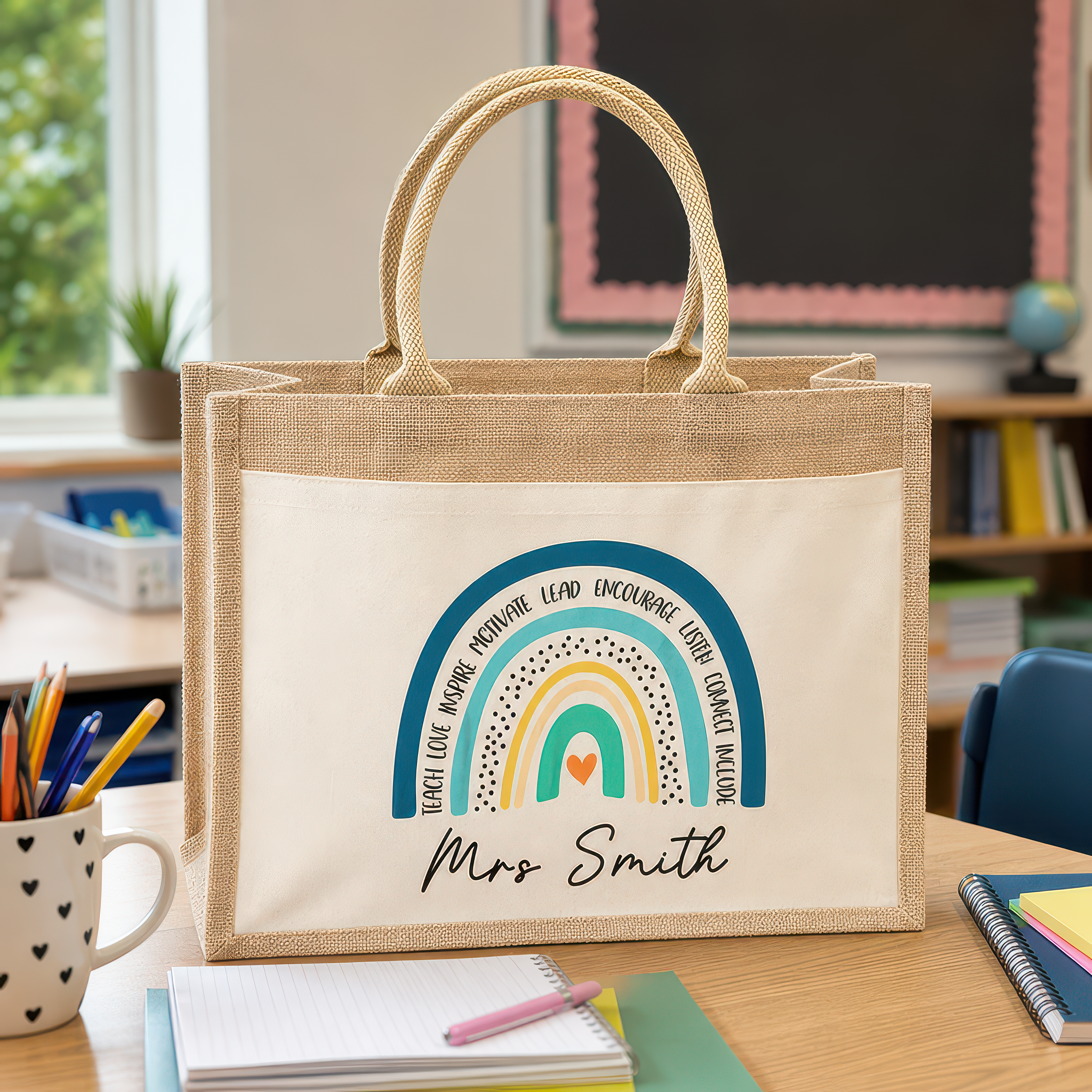 Personalised Blue Rainbow Quote Jute Tote Bag with Name - alternative view