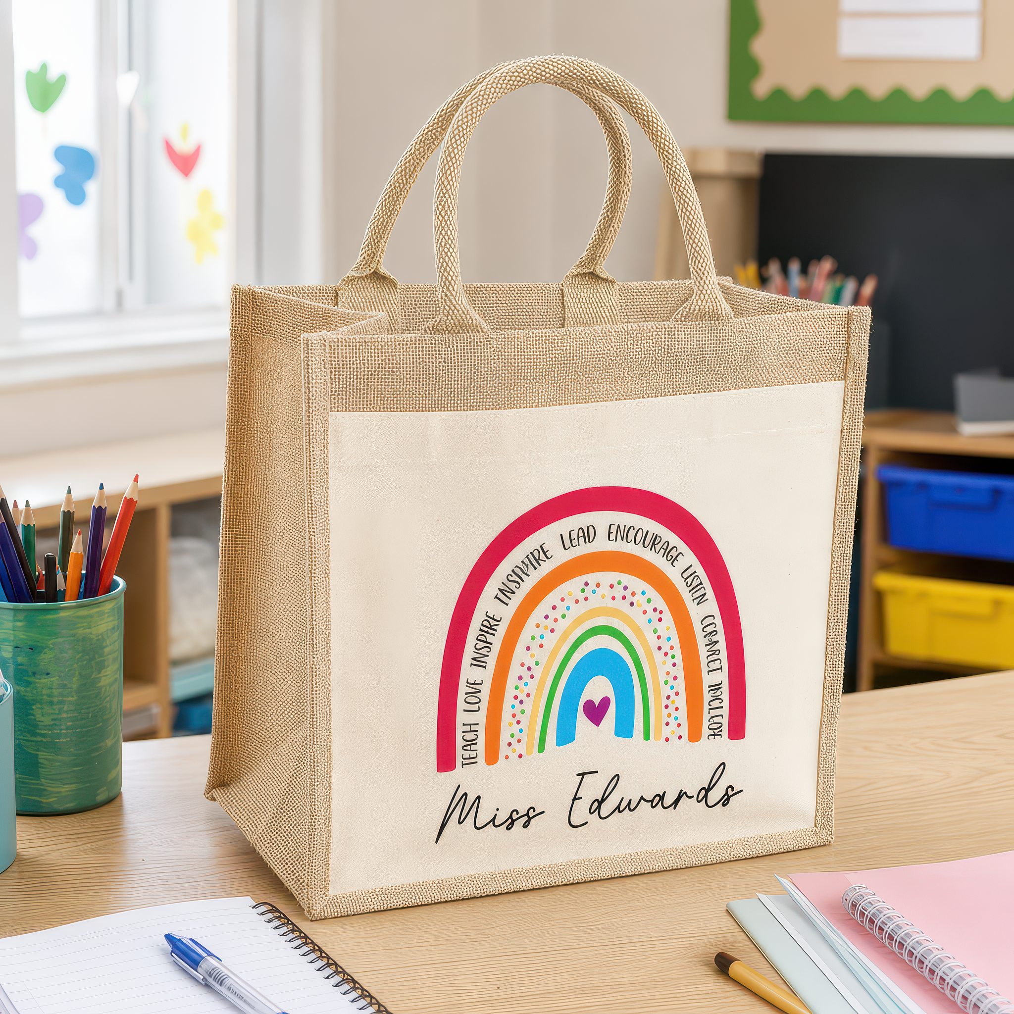 Personalised Multi Rainbow Jute Tote Bag with Name - alternative view