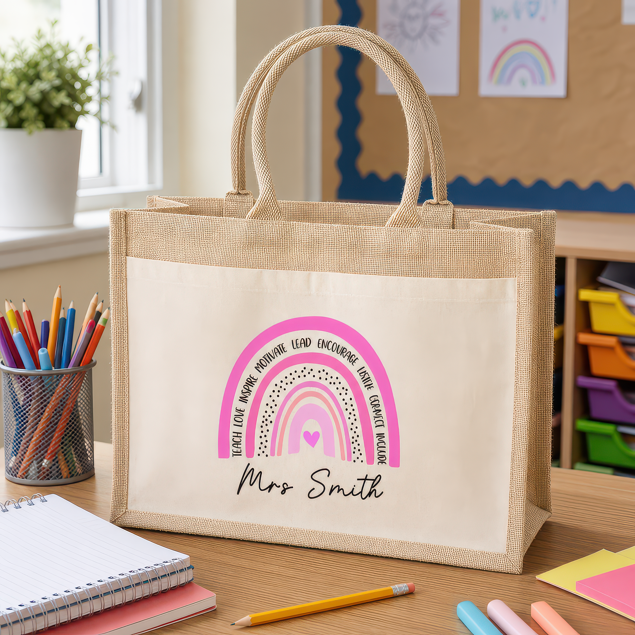 Personalised Rainbow Jute Tote Bag with Name - alternative view