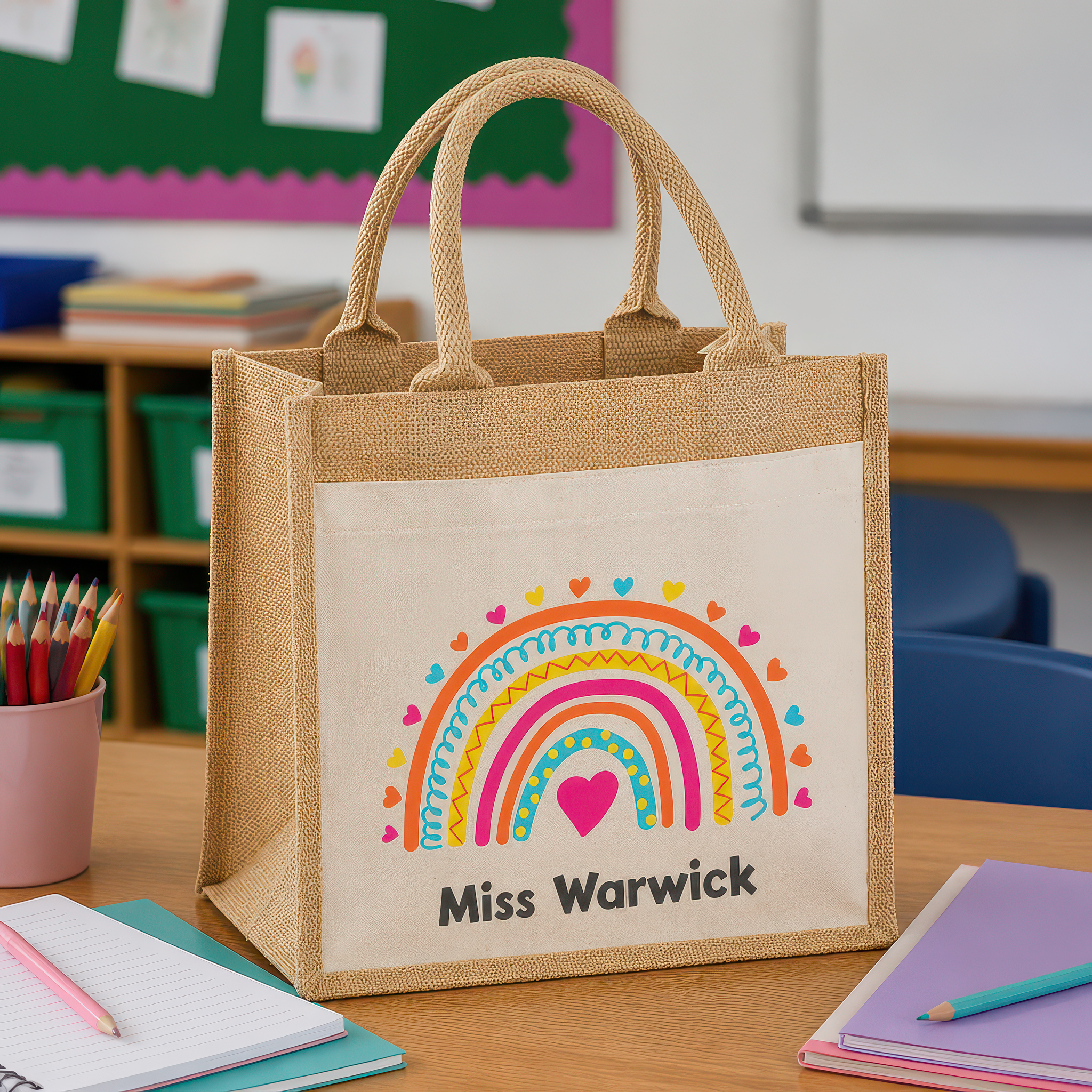 Personalised Rainbow Heart Jute Tote Bag with Name - alternative view