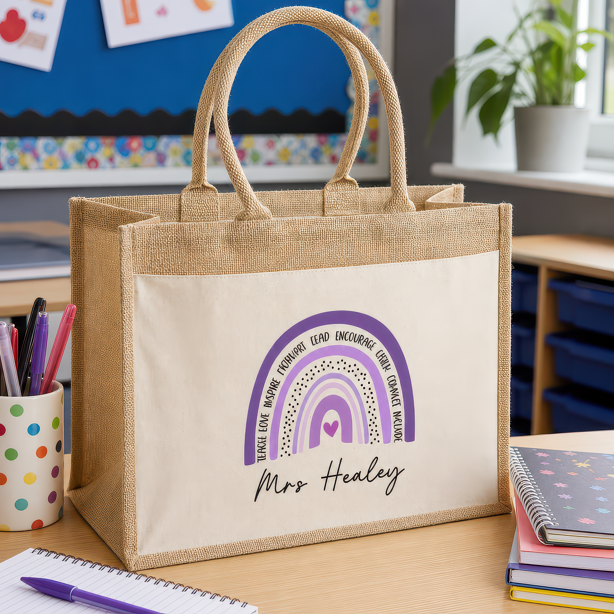 Personalised Purple Rainbow Jute Tote Bag with Name - alternative view