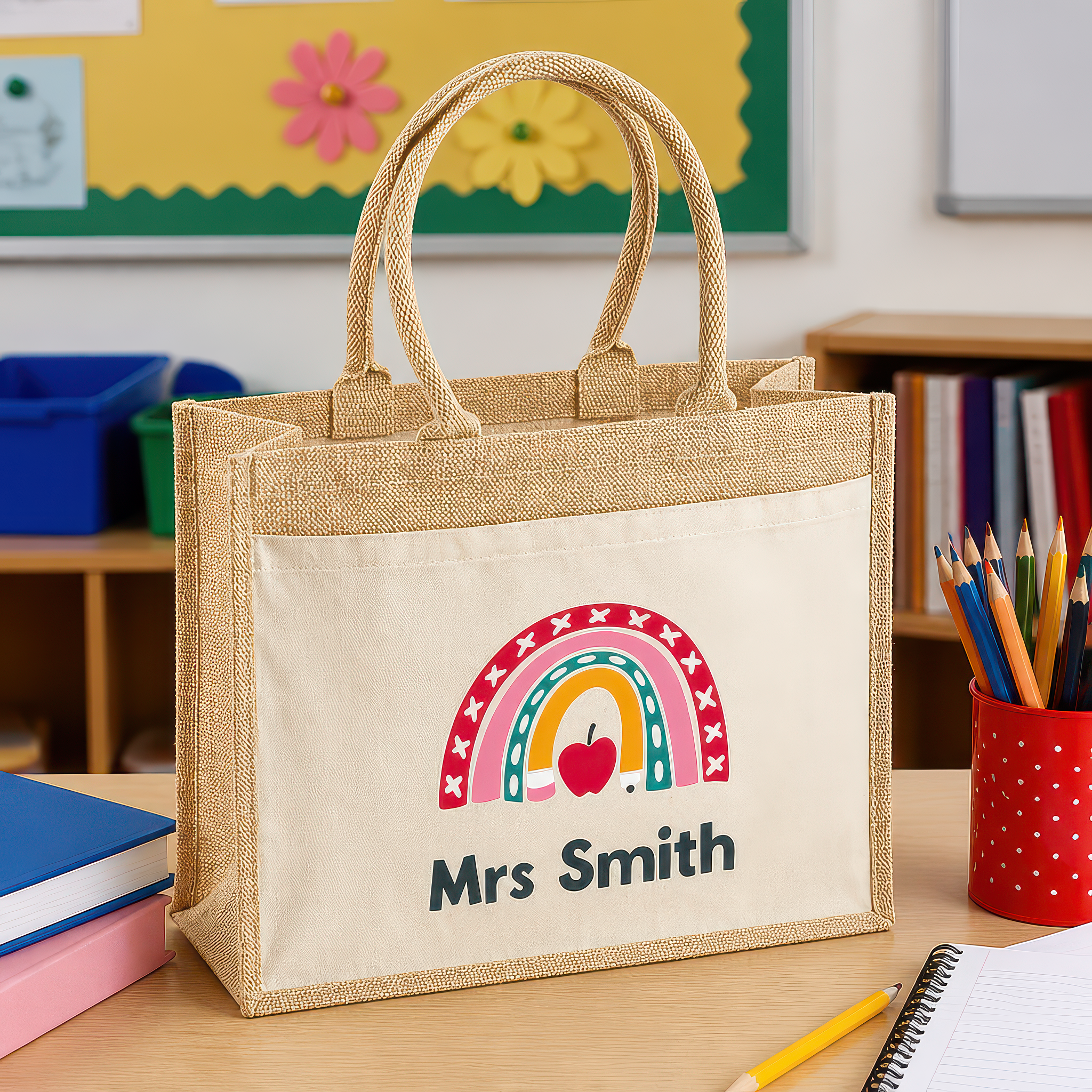 Personalised Apple Rainbow Jute Tote Bag with Name - alternative view