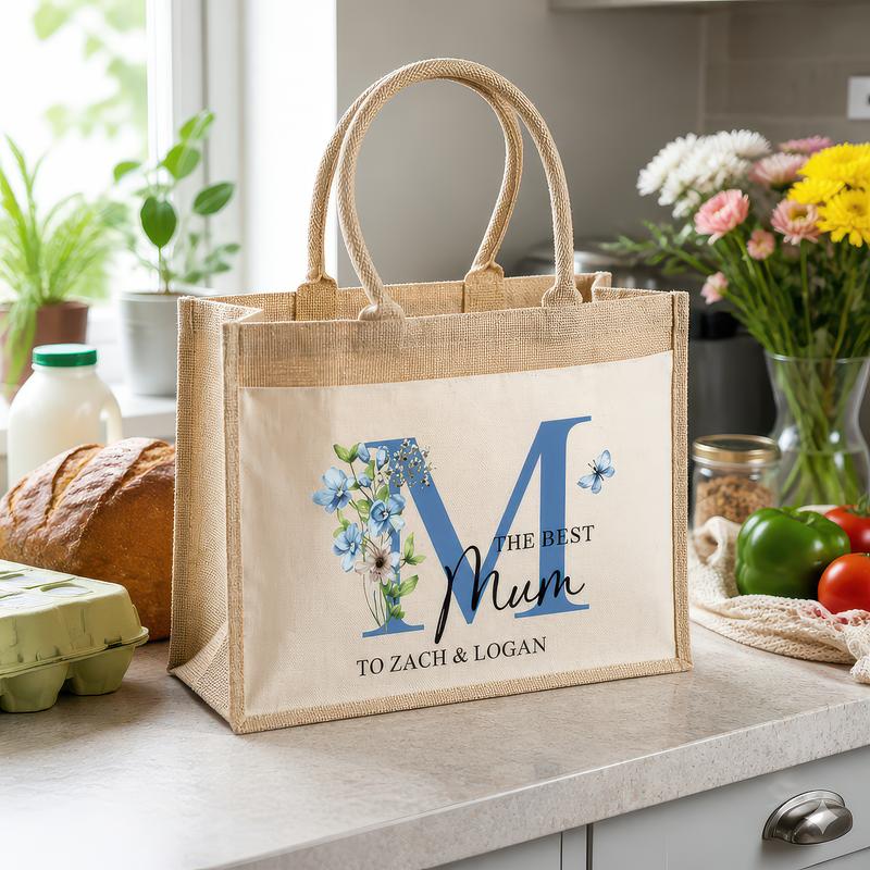 Personalised Floral Monogram Hessian Tote Shopping Bag for Mum