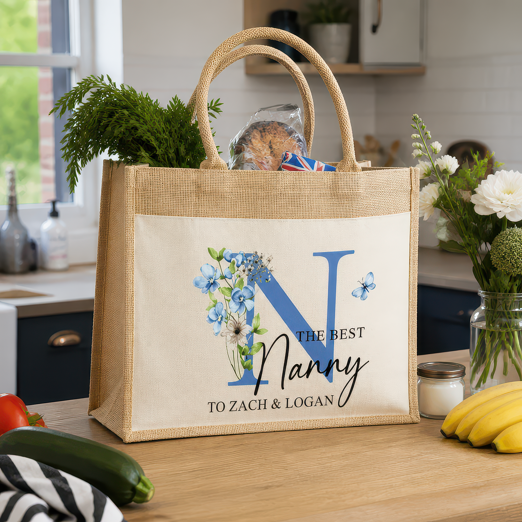 Personalised Floral Monogram Hessian Tote Shopping Bag for Nanny