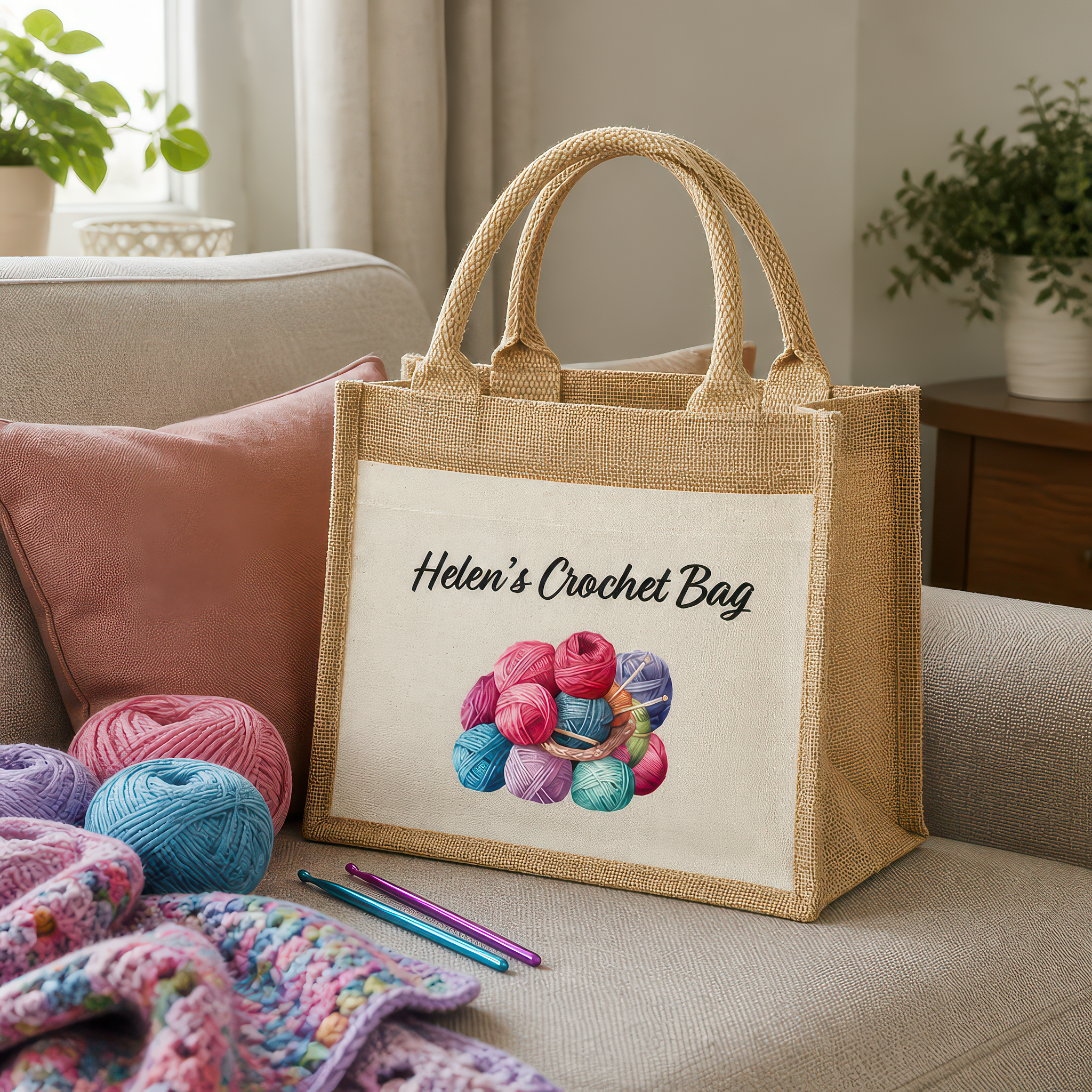 Personalised Crochet Project Jute Bag with Name