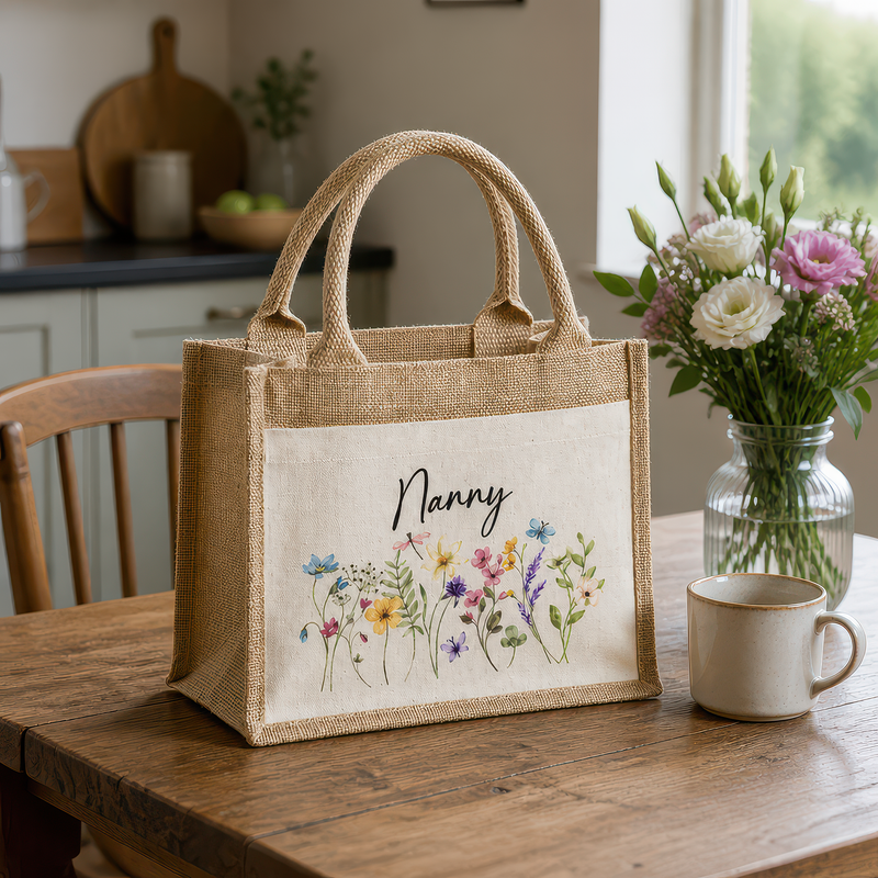 Personalised Floral Jute Bag with Name