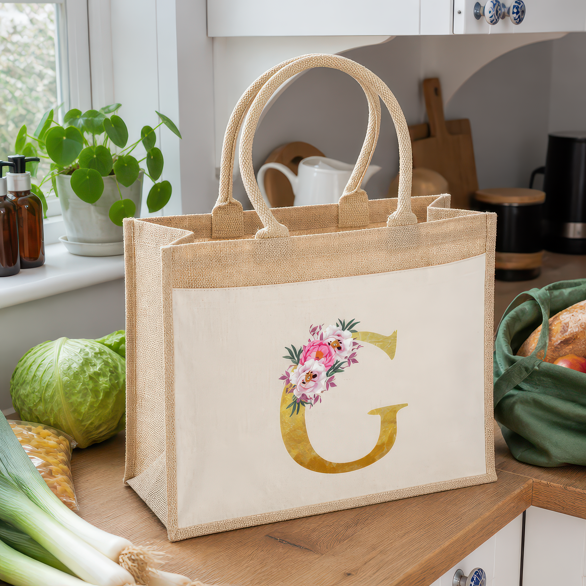 Personalised Jute with Floral Initial Tote Bag
