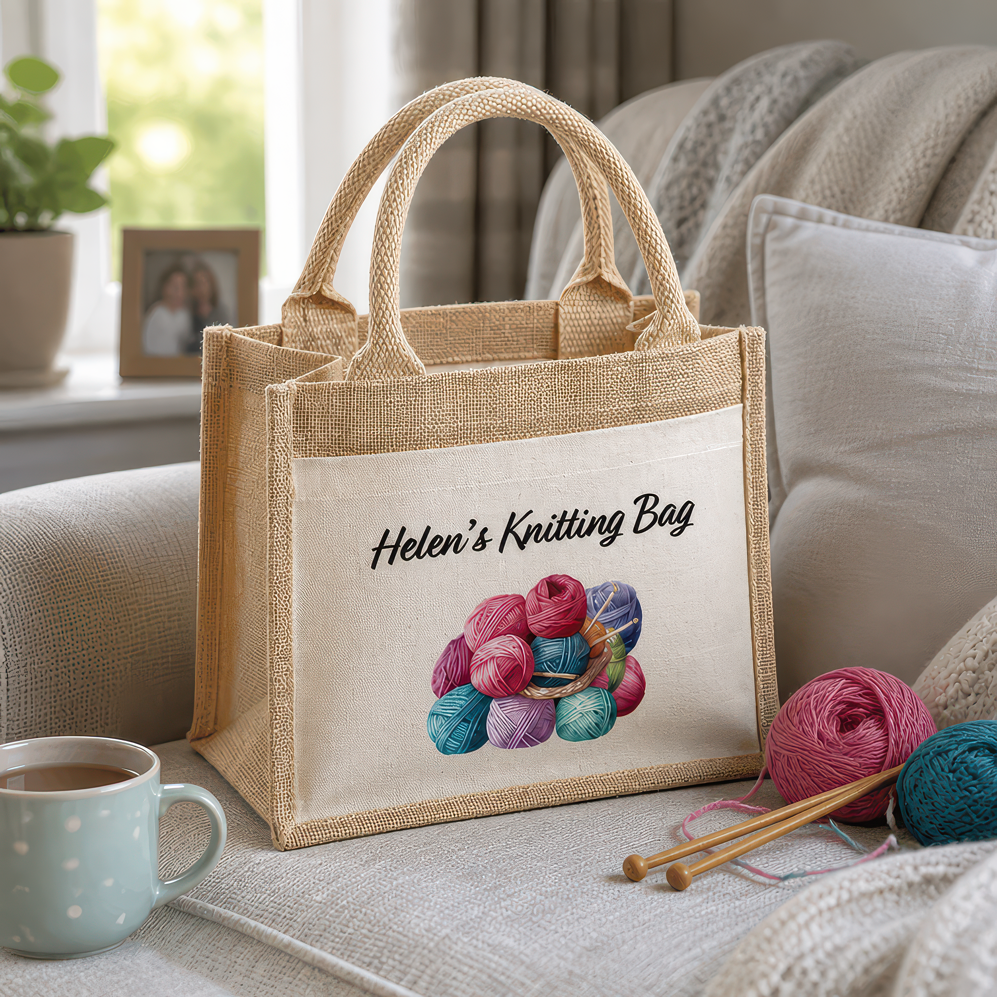 Personalised Knitting Project Jute Bag with Name