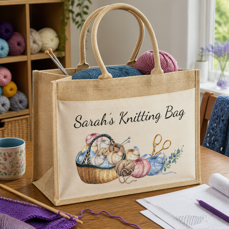 Personalised Knitting Jute Tote Bag with Name - Basket Yarn Design - alternative view