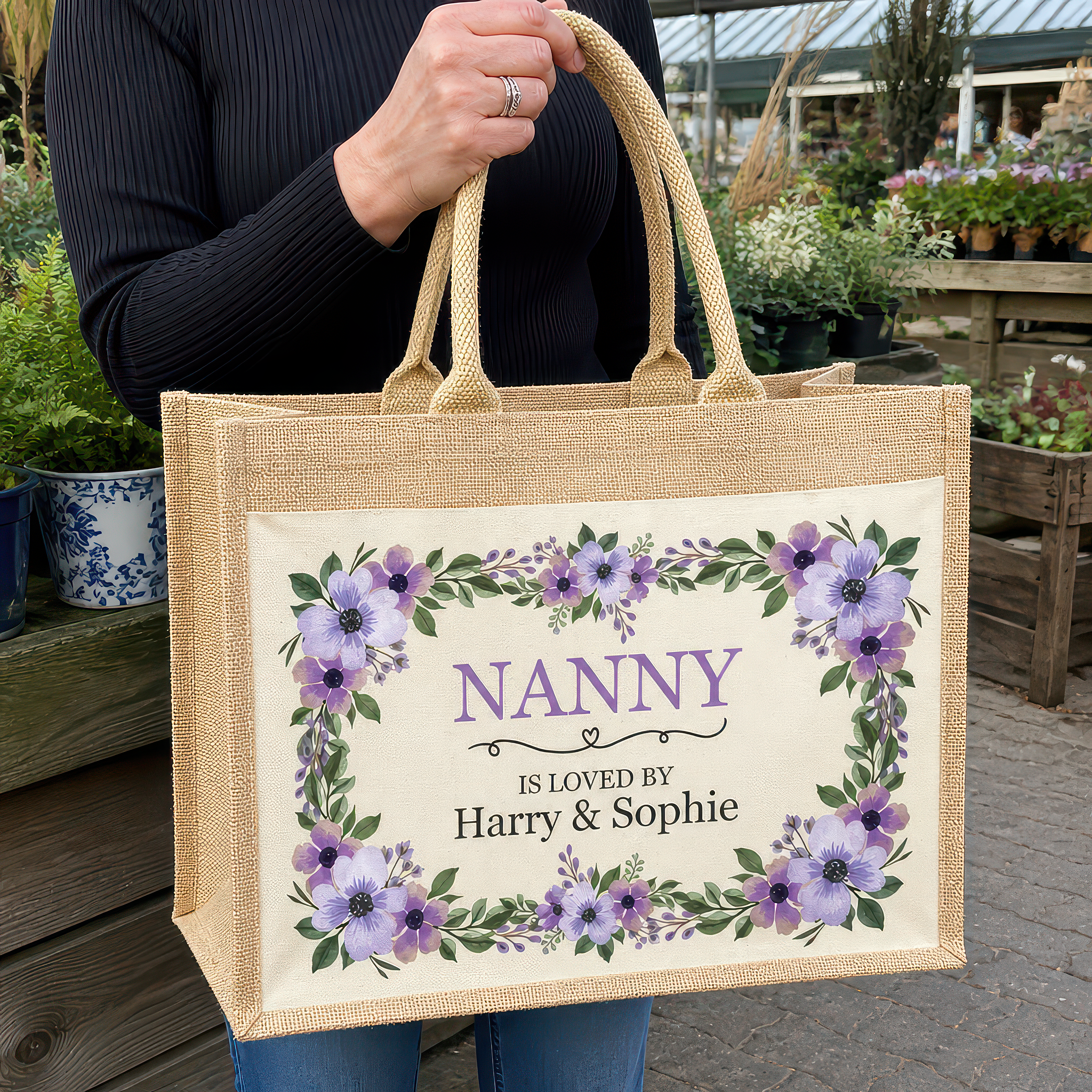 Personalised Floral Jute for Mum or Grandma with Names Tote Bag