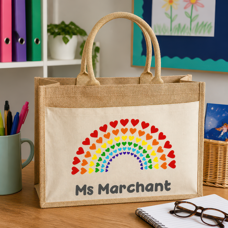 Personalised Multi Rainbow Hearts Jute Tote Bag with Name - alternative view