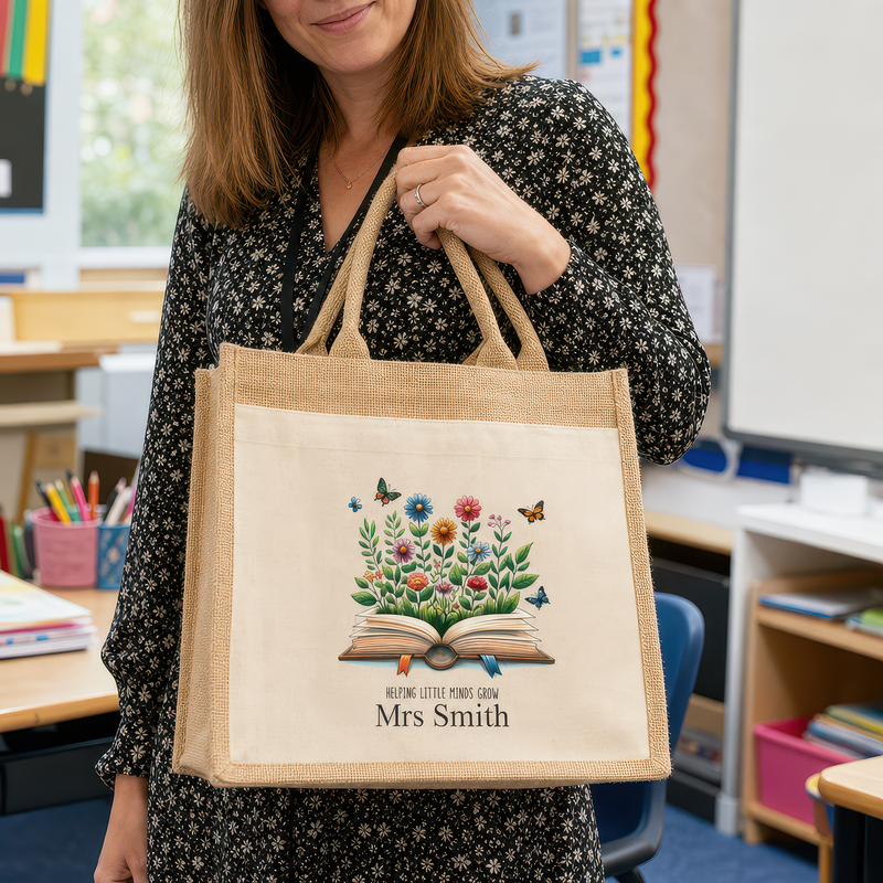 Personalised Multi Floral Book Jute Tote Bag with Name - alternative view