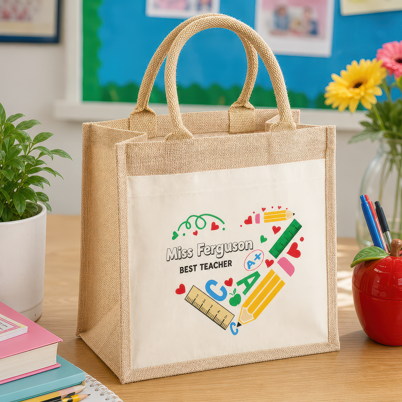 Personalised Multi Stationery Heart Jute Tote Bag with Name - alternative view