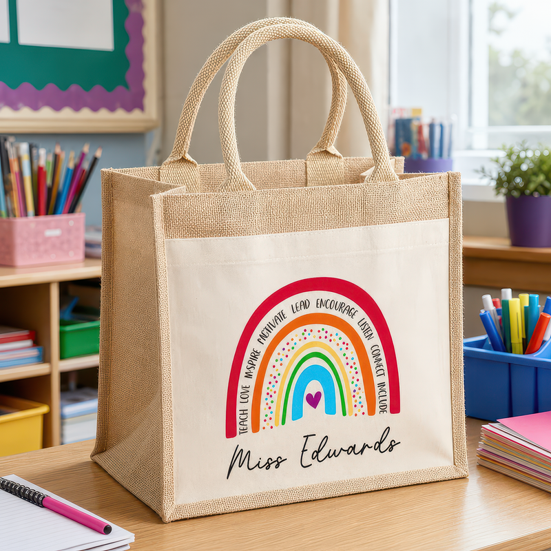 Personalised Multi Rainbow Teacher Jute Tote Bag with Name - alternative view