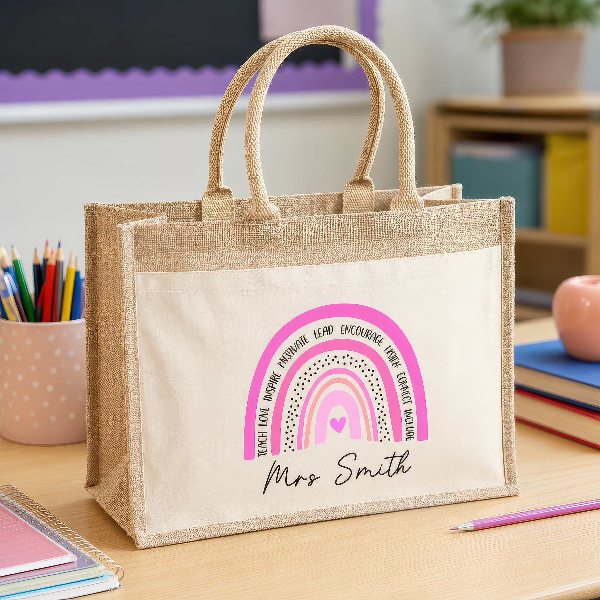 Personalised Multi Pink Rainbow Jute Tote Bag with Name - alternative view