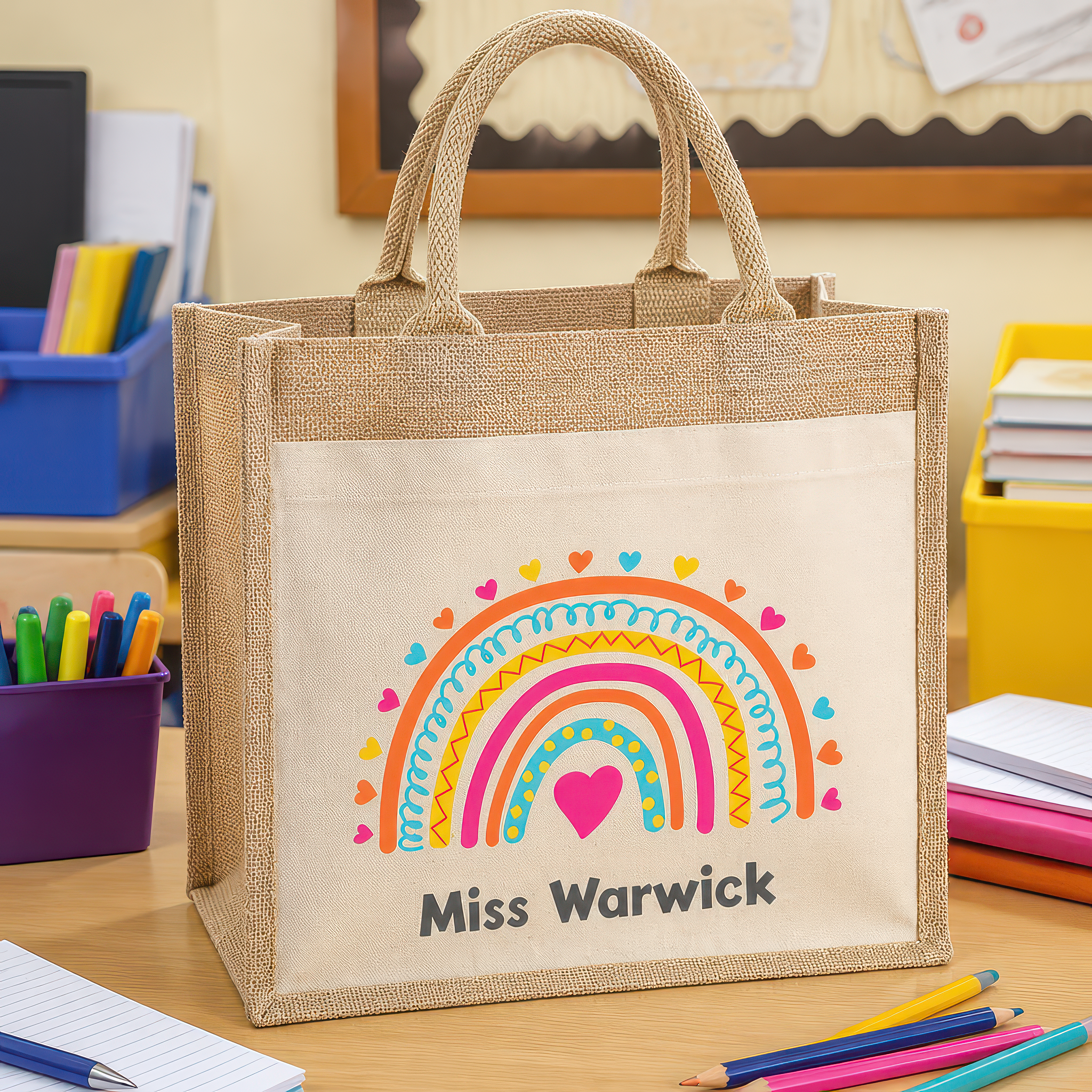 Personalised Multi Rainbow Heart Jute Tote Bag with Name - alternative view
