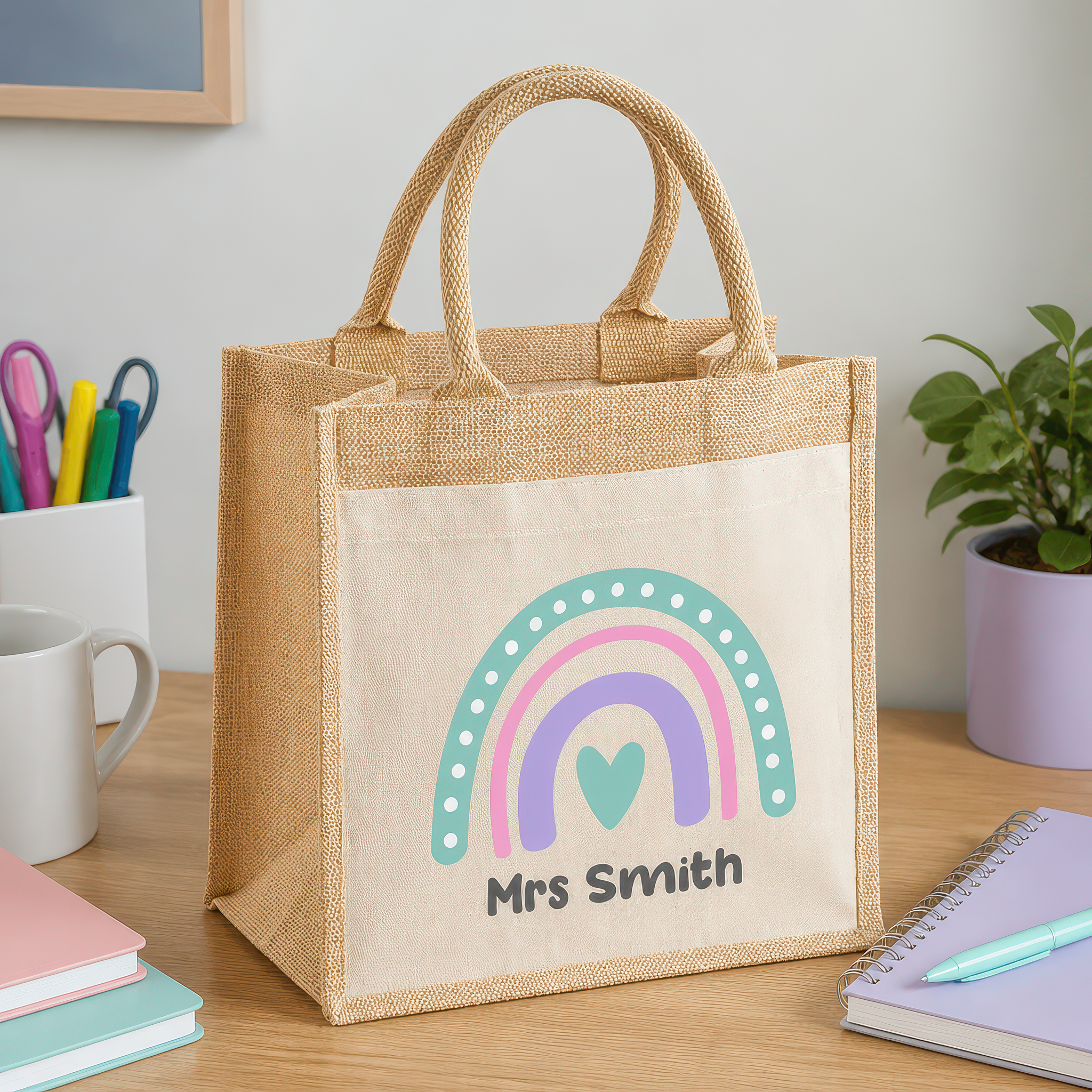 Personalised Multi Pink Purple Rainbow Jute Tote Bag with Name - alternative view