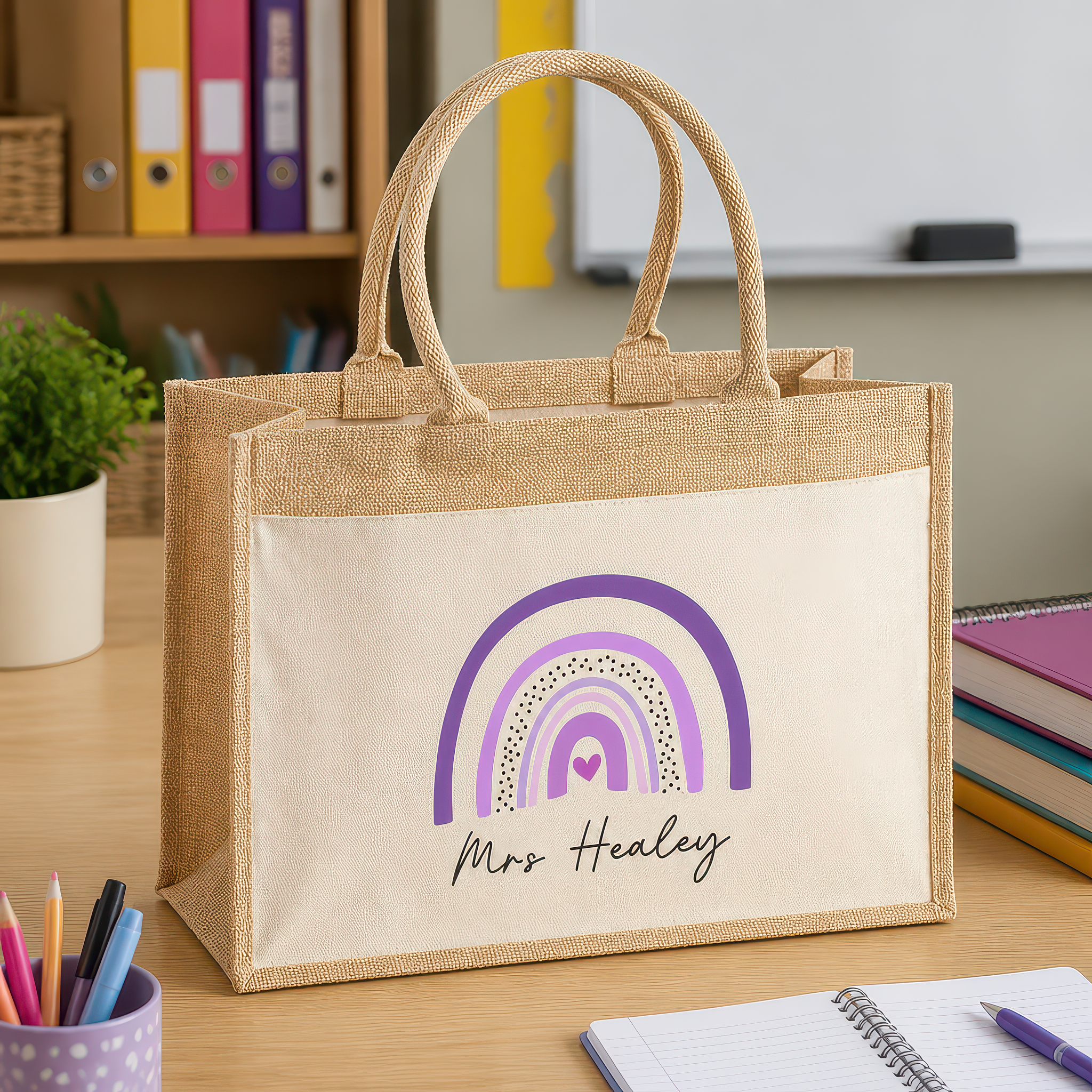 Personalised Multi Purple Rainbow Jute Tote Bag with Name - alternative view