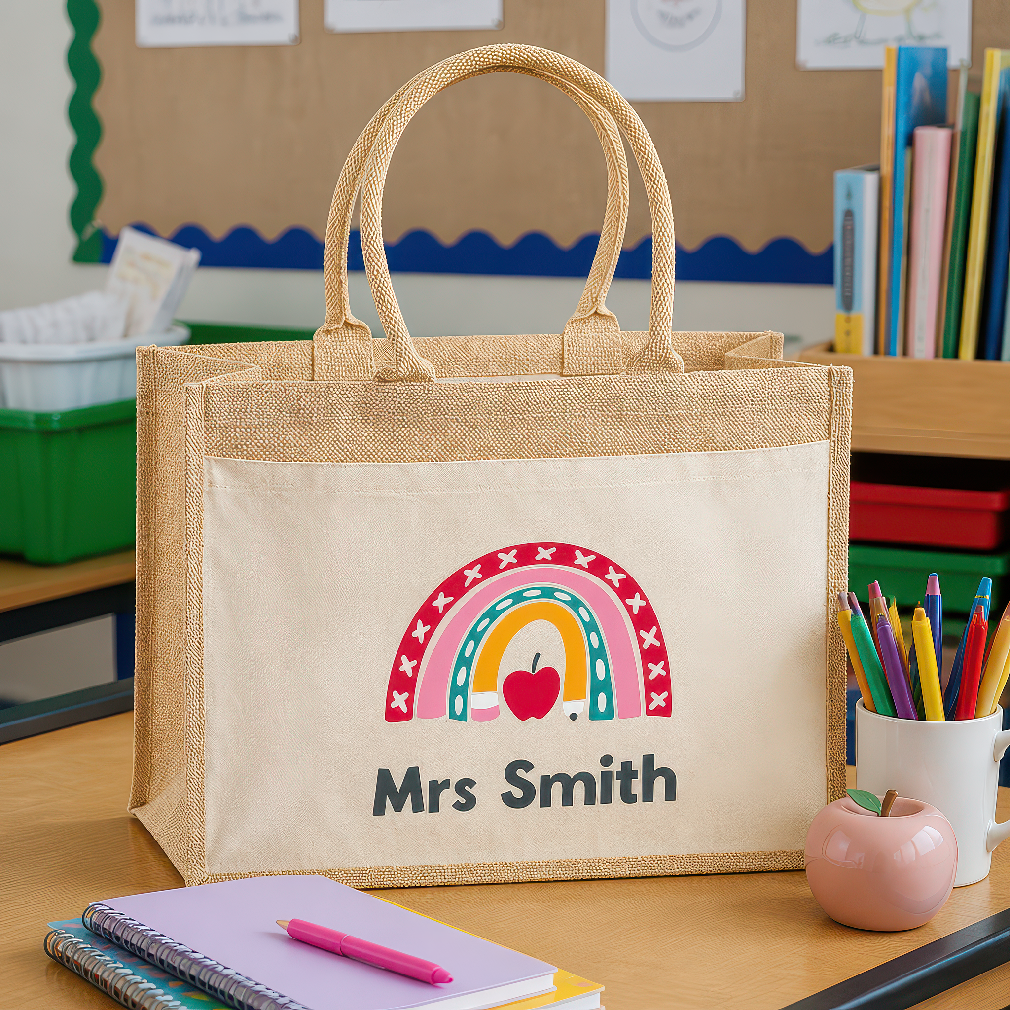 Personalised Multi Apple Jute Tote Bag with Name - alternative view