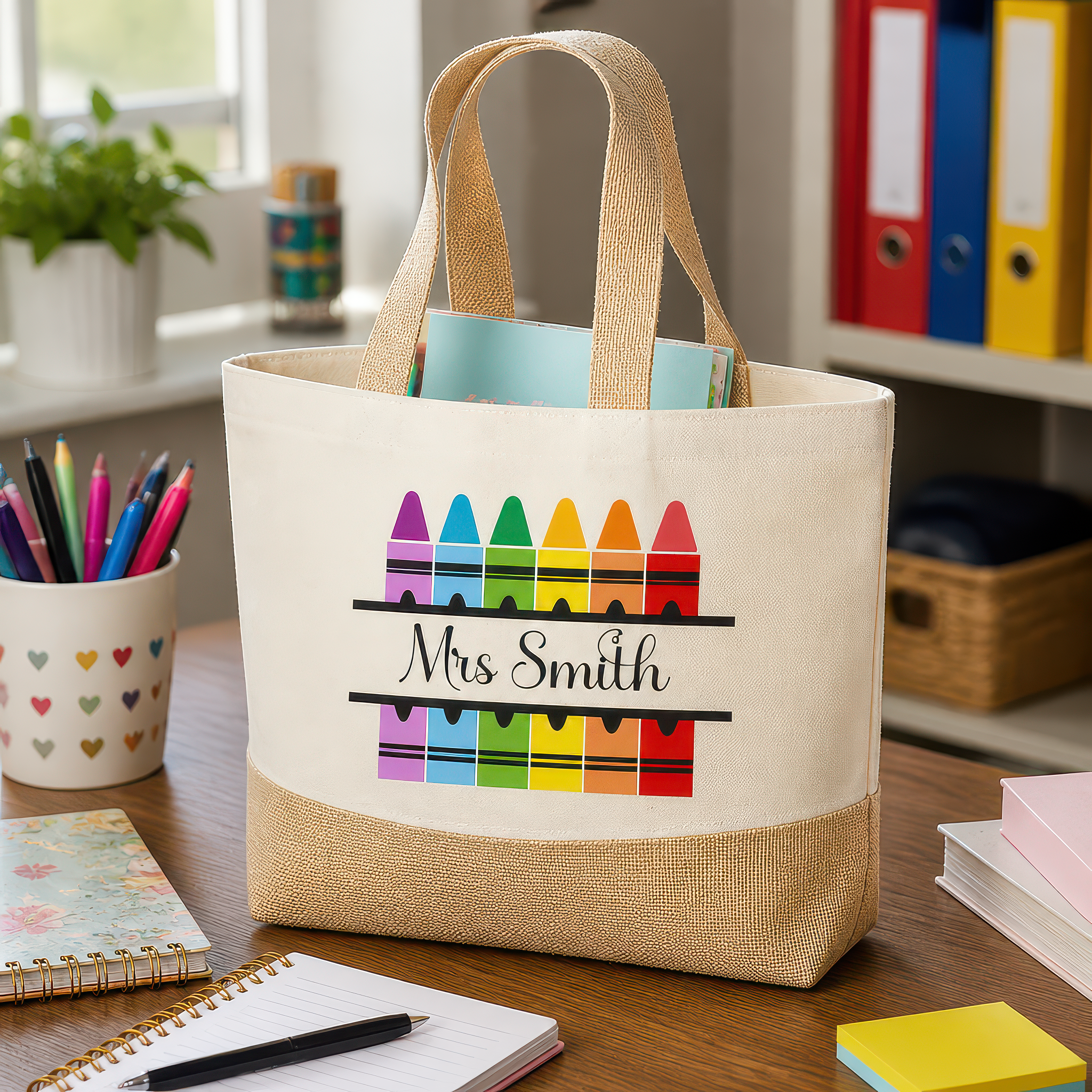 Personalised Beige Crayons Jute Tote Bag with Name - alternative view