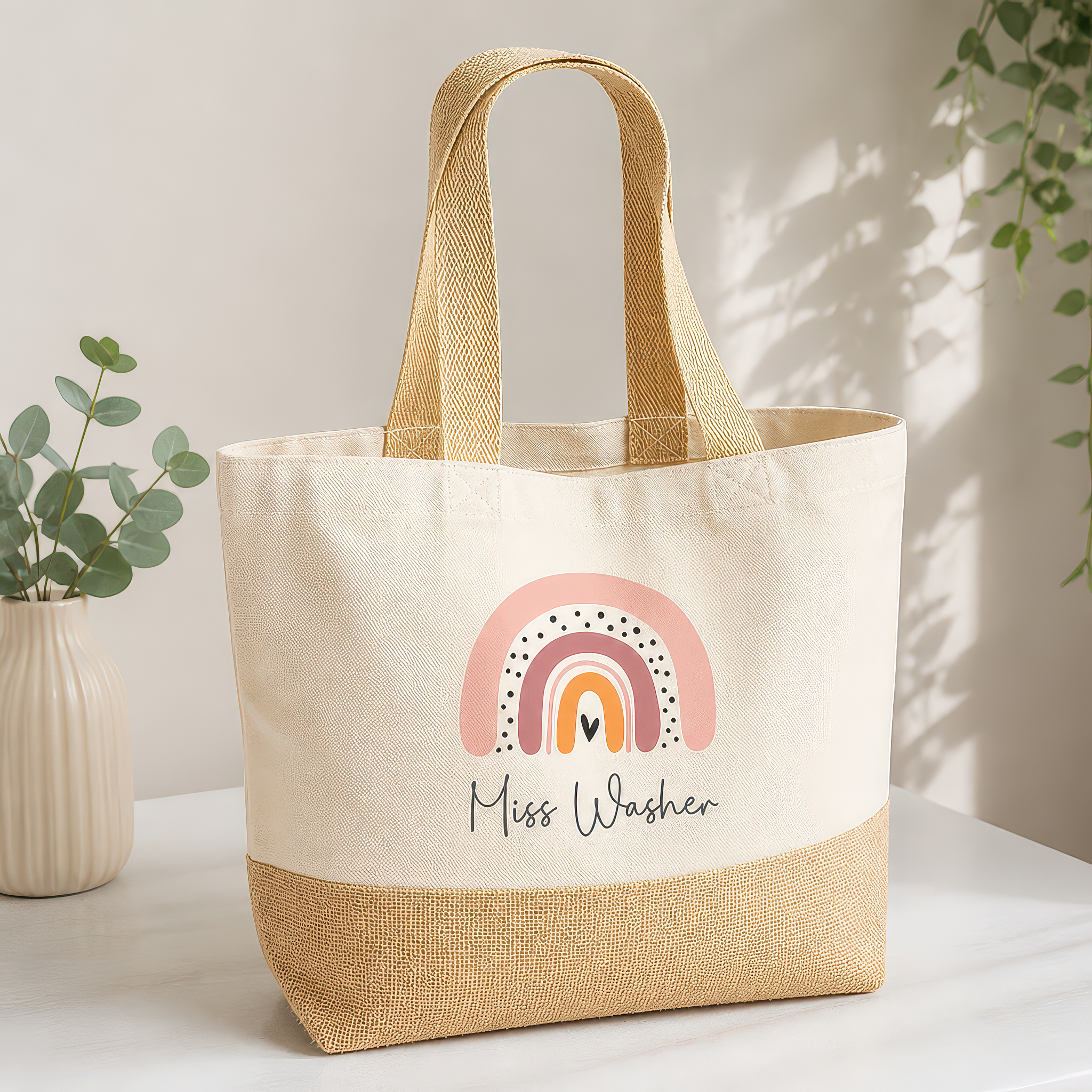 Personalised Beige Boho Rainbow Jute Tote Bag with Name - Medium - alternative view