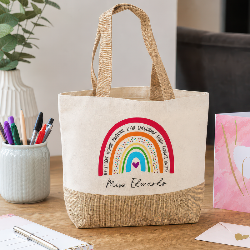 Personalised Beige Multi Rainbow Jute Tote Bag with Name - alternative view