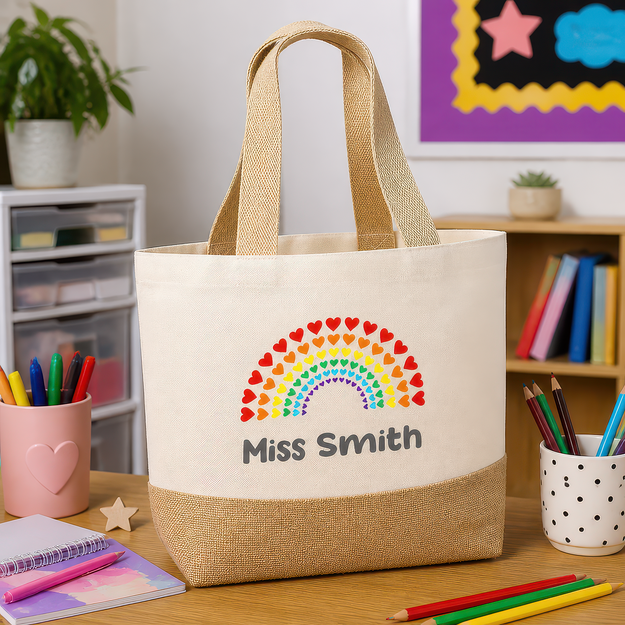 Personalised Beige Rainbow Hearts Jute Tote Bag with Name - alternative view
