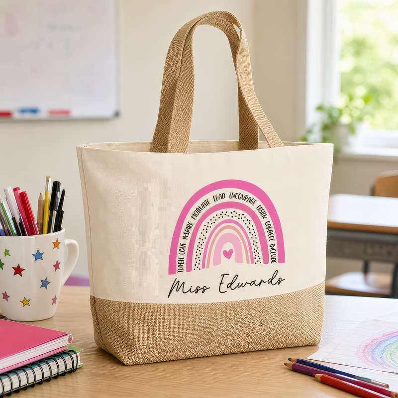 Personalised Beige Pink Rainbow Jute Tote Bag with Name - alternative view