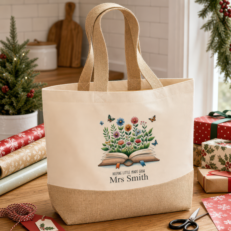 Personalised Beige Floral Books Jute Tote Bag with Name - alternative view
