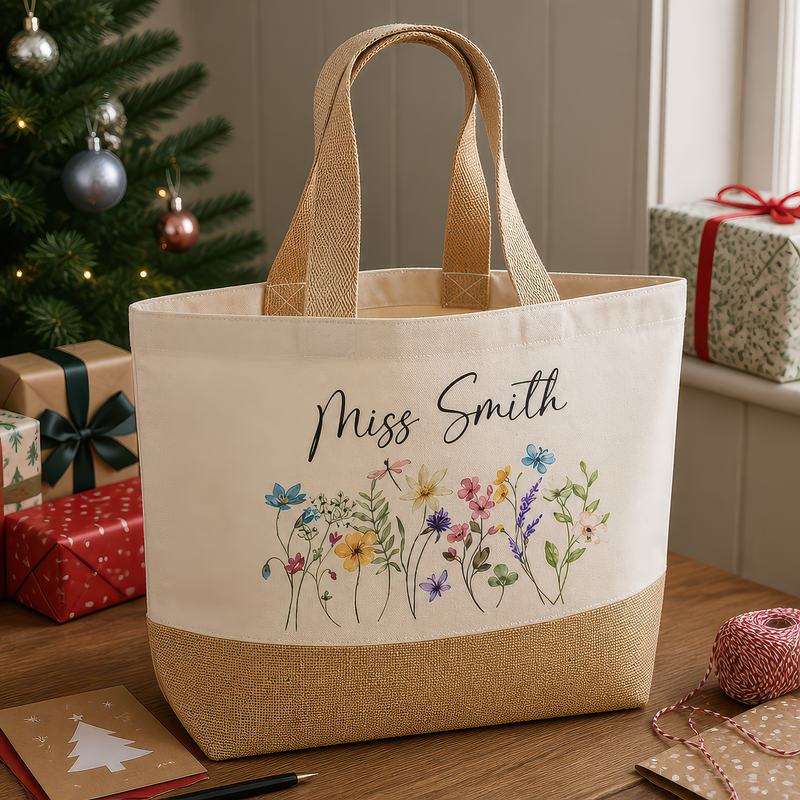 Personalised Beige Floral Wildflowers Jute Tote Bag with Name - alternative view