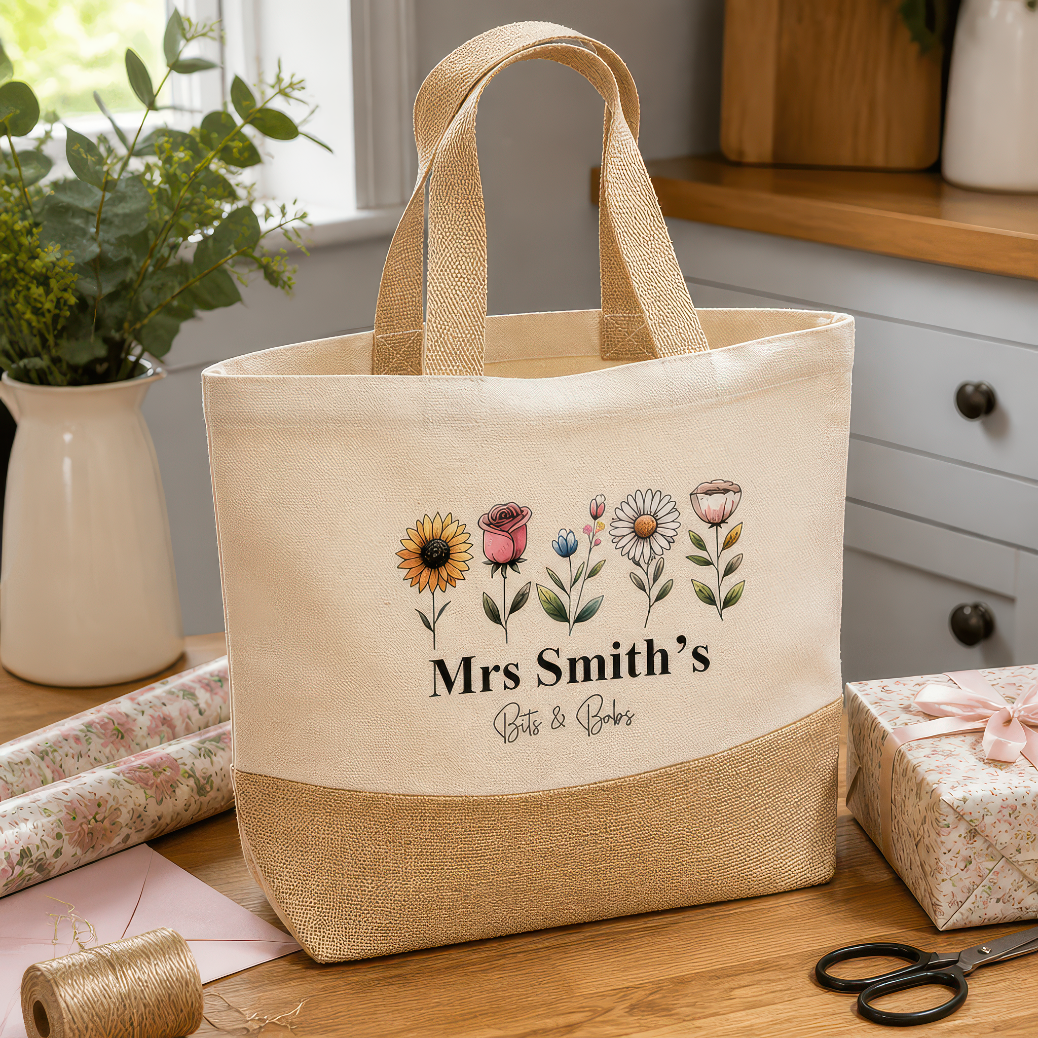 Personalised Beige Flowers Jute Tote Bag with Name - alternative view