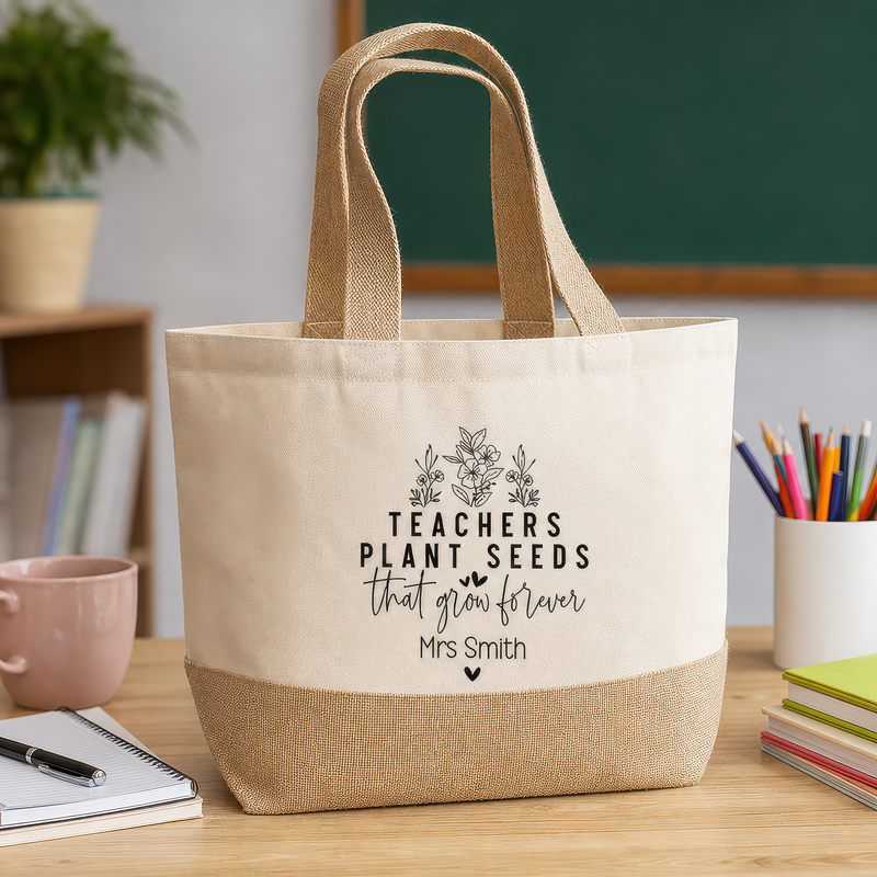 Personalised Beige Plant Seeds Jute Tote Bag with Name - alternative view