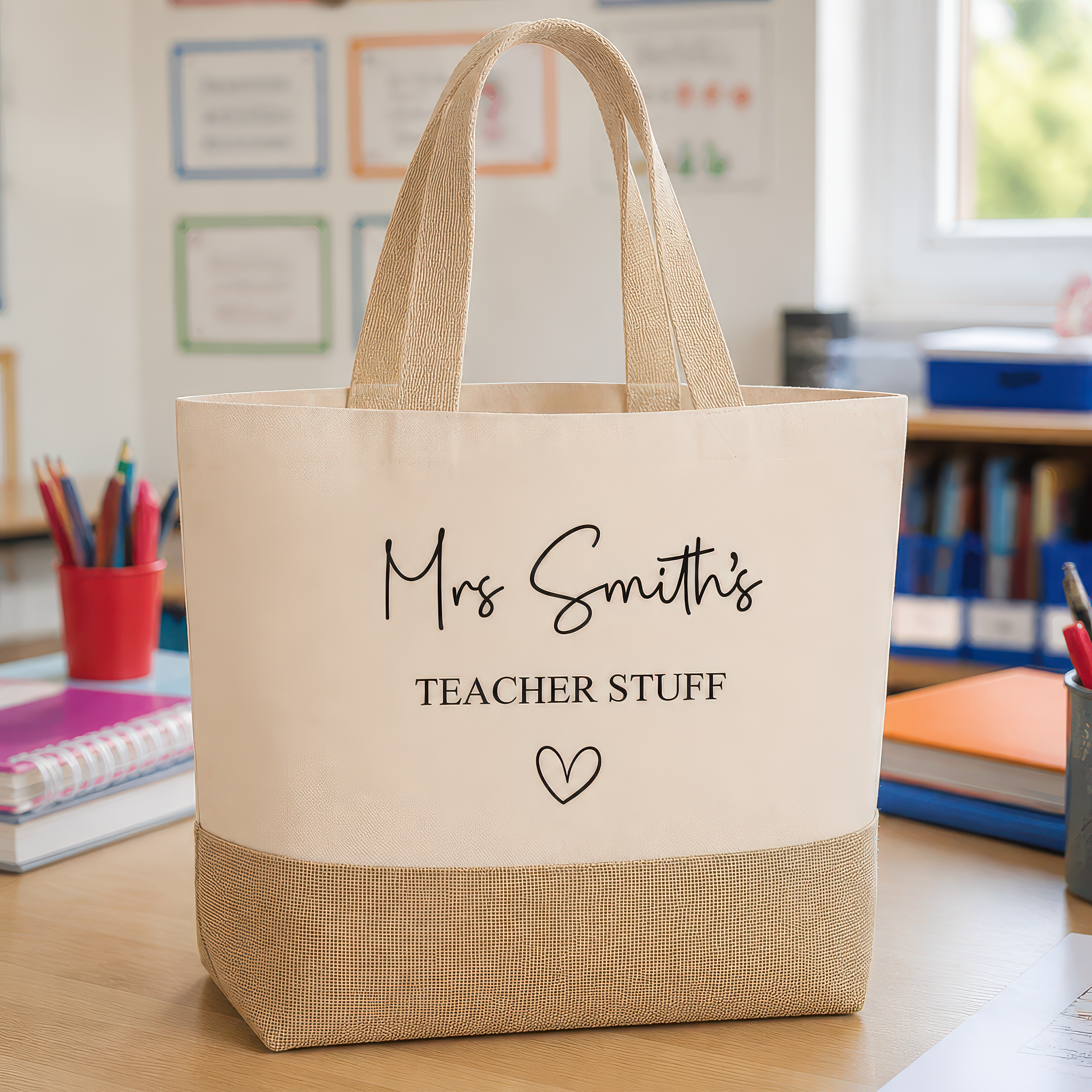 Personalised Teacher Stuff Jute Bag with Name