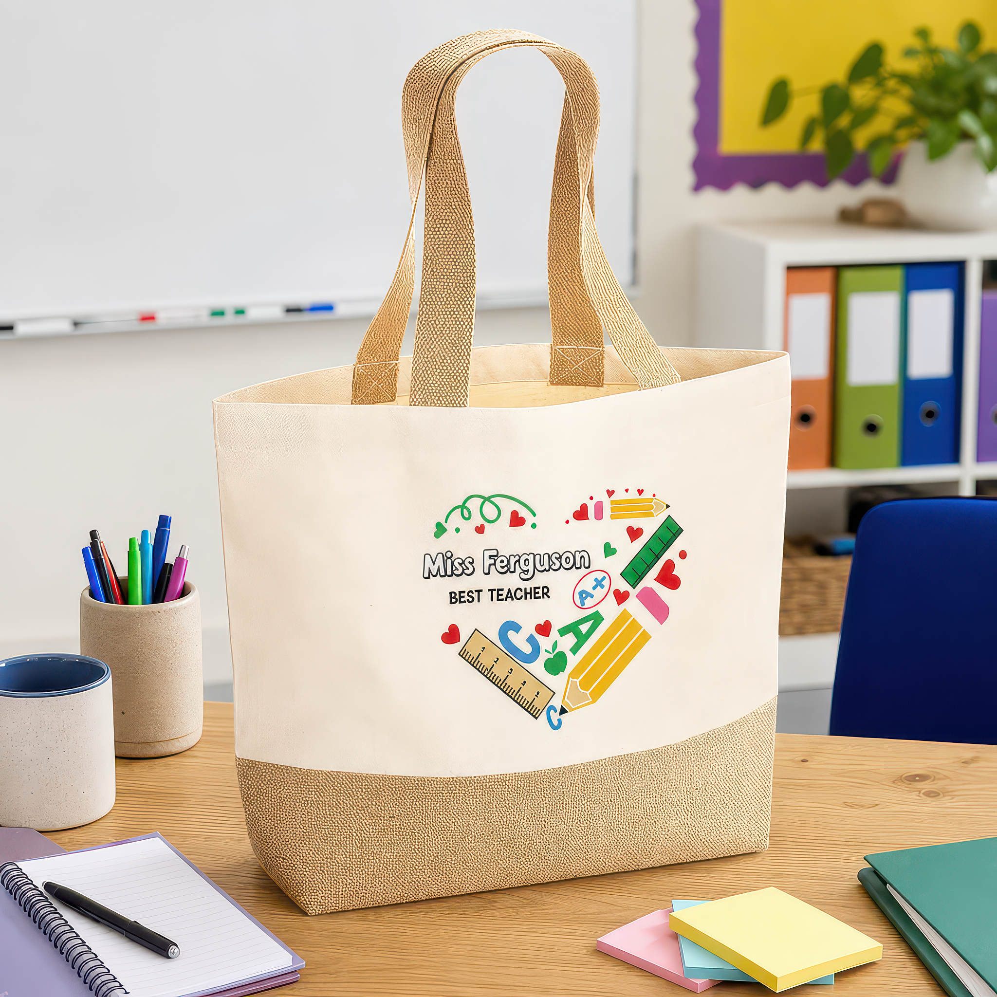 Personalised Beige Stationery Heart Jute Tote Bag with Name - alternative view