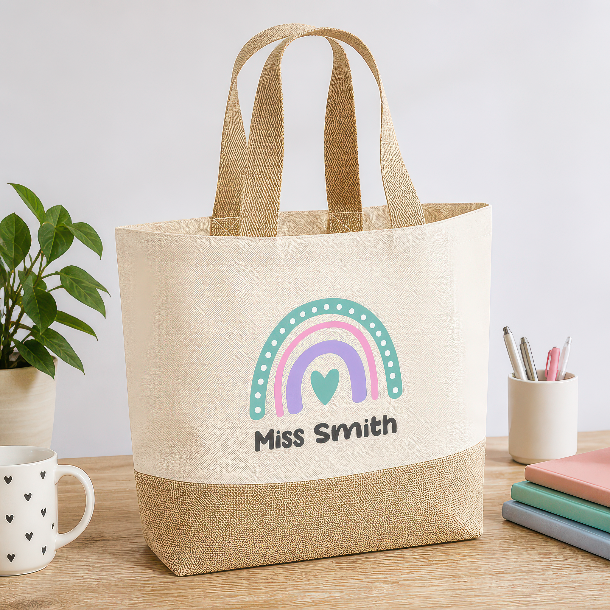 Personalised Beige Pink Purple Rainbow Jute Tote Bag with Name - alternative view