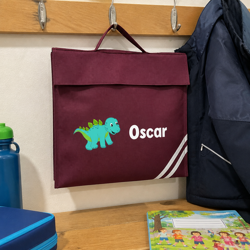 Personalised Cartoon Dinosaur School Book Bag with Name - Burgundy