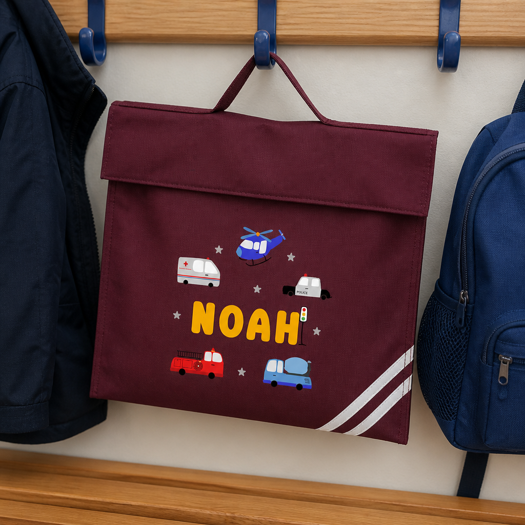 Personalised Emergency Vehicles School Book Bag with Name - Burgundy