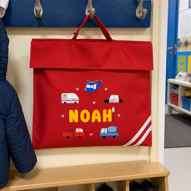 Personalised Emergency Vehicles School Book Bag with Name - Red