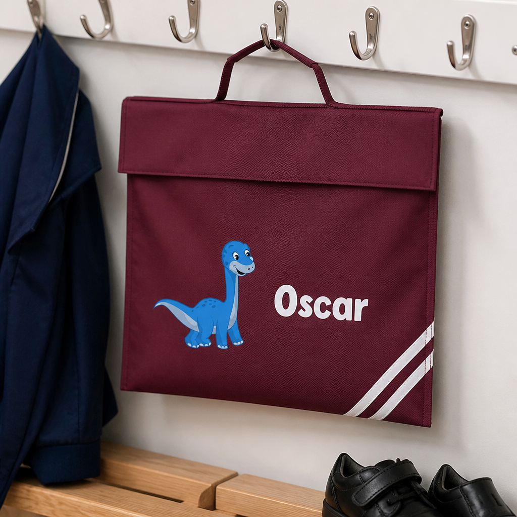 Personalised Burgundy Dinosaur School Book Bag with Name