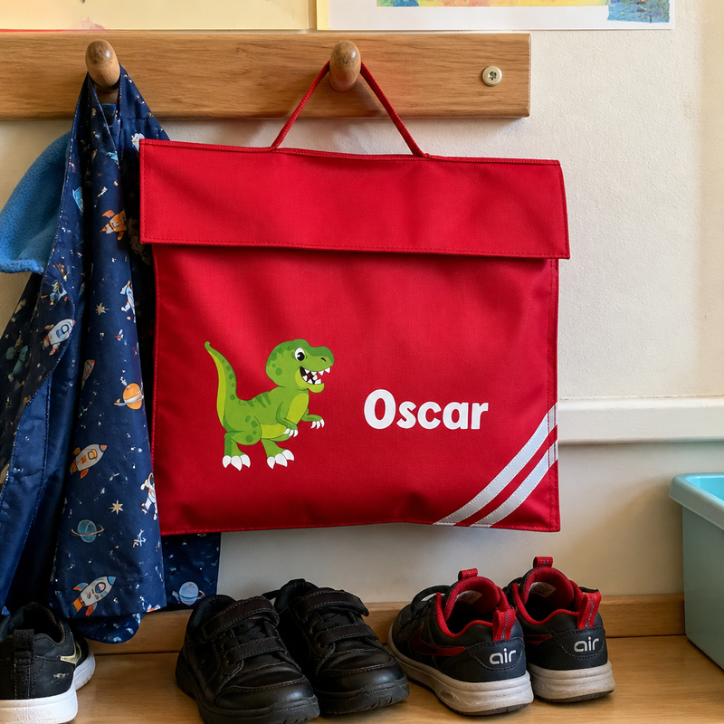 Personalised Cartoon Dinosaur Reflective Stripe Book Bag with Name - Red