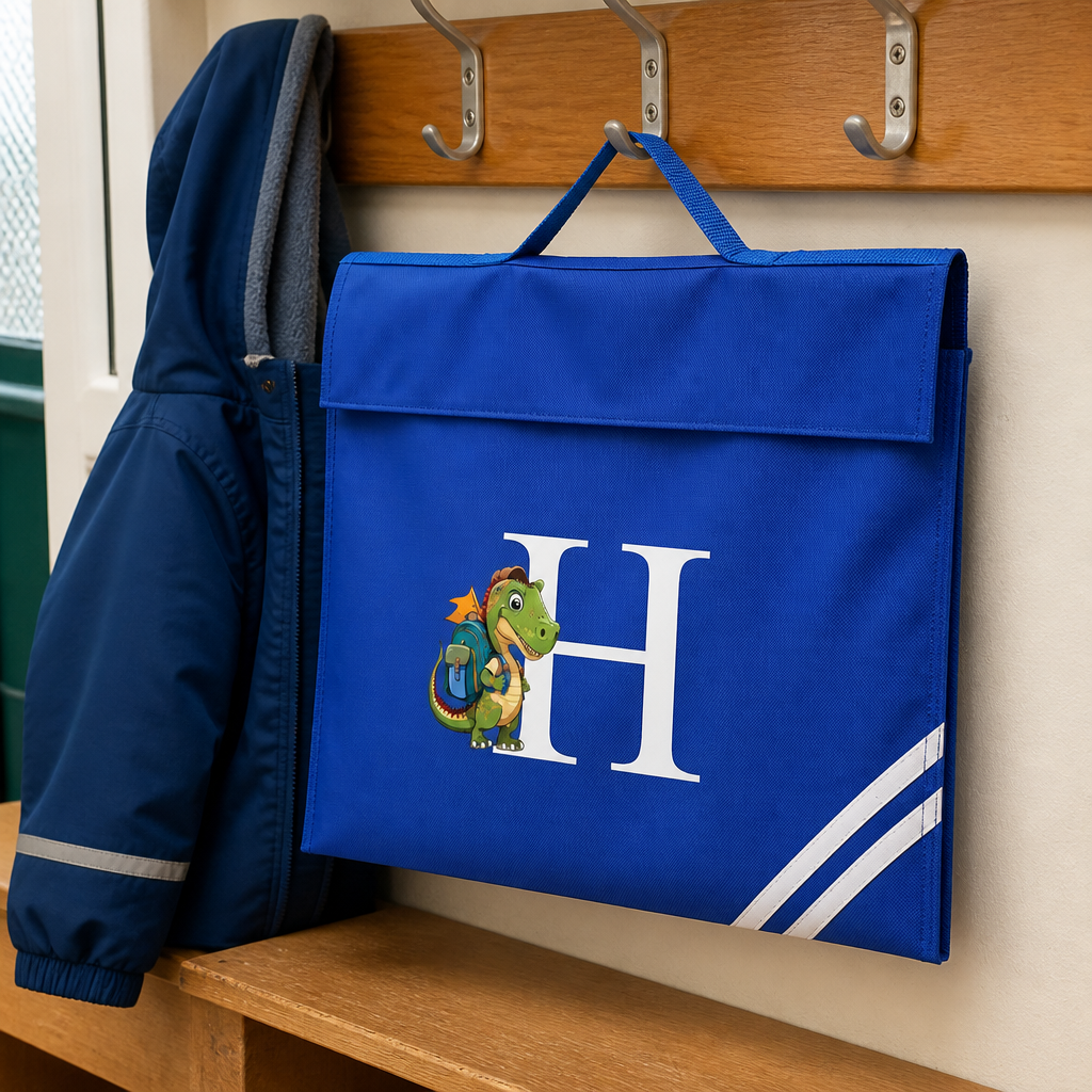 Personalised Initial Dinosaur School Book Bag with Name - Blue