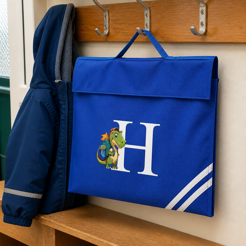 Personalised Initial Dinosaur School Book Bag with Name - Blue