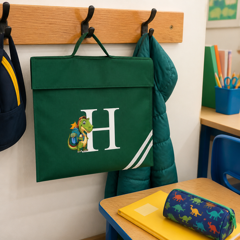 Personalised Initial Dinosaur School Book Bag with Name and Initial